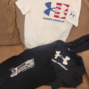 3 boys shirts sz XL. 2 tees and 1 hoodie. Under Armour, NFL Charles Woodsen HOF